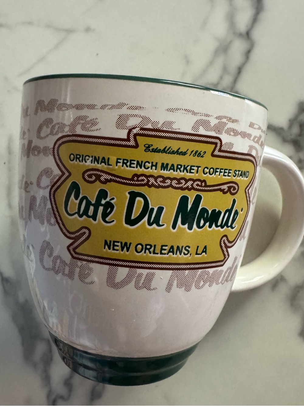 CafΓ© Du Monde New Orleans Coffee Mug Green Rim Foot Ring Souvenir Y2K Vintage